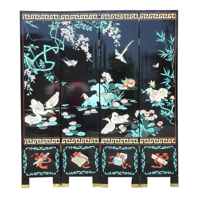 Vintage Oriental Asian Blue Coromandel Four Panel Screen Room Divider W Swans For Sale