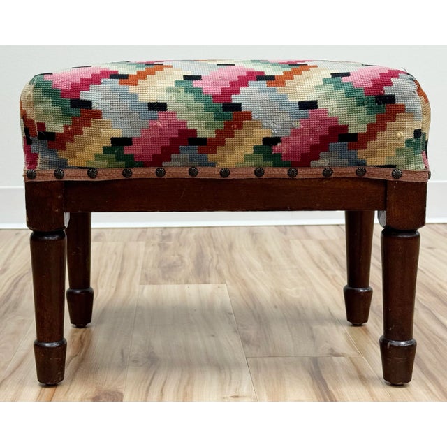 Wood Vintage Colorful Patterned Needlepoint Footstool For Sale - Image 7 of 12