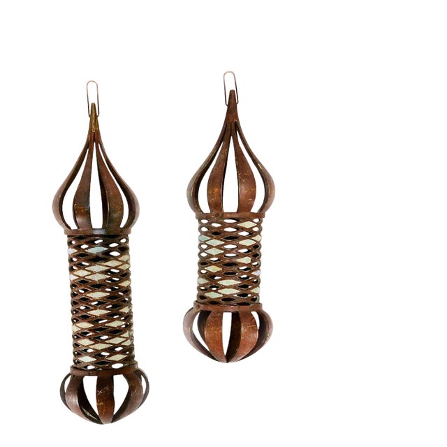 1950s Pepe Mendoza Sculptural Pendant Lamps Bronze and Malachite Mexico For Sale