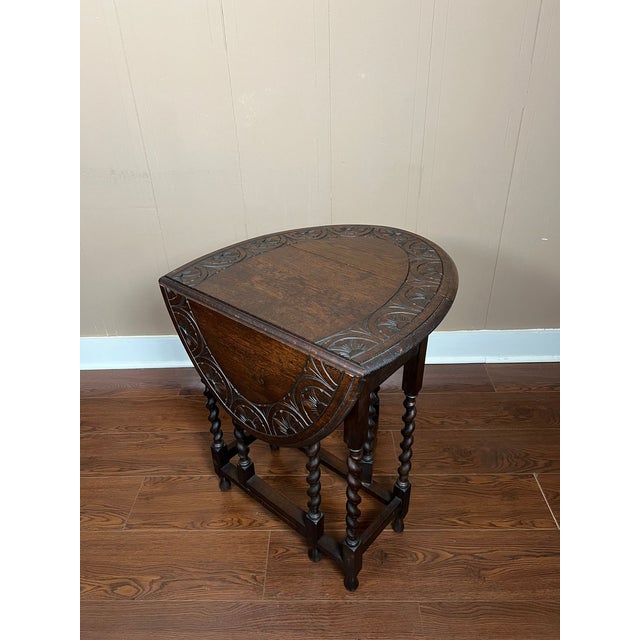 Petite Antique English Side Sofa Table Barley Twist Drop Leaf Gateleg Carved Oak For Sale - Image 17 of 18