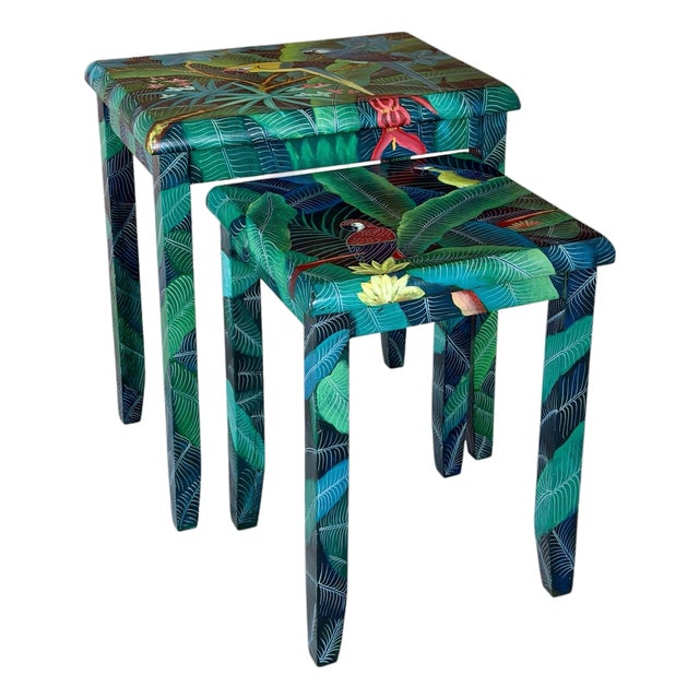 Pair of Hand-Painted Tropical Parrot and Jungle Nesting Tables For Sale