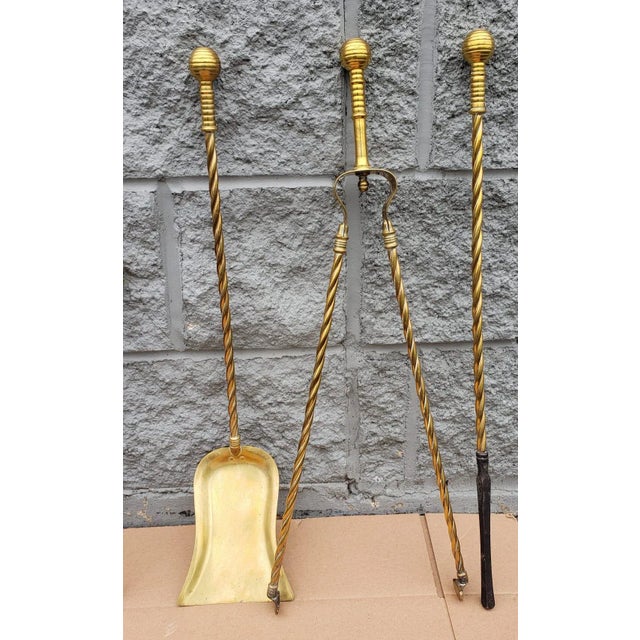 Metal Set of 3 George III Style Cast and Polished Rope Twisted Brass Fire Tools Set For Sale - Image 7 of 7