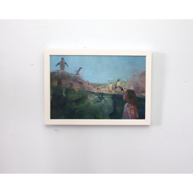 This artwork depicts a young diver gazing up at a group of penguins perched on a rocky outcrop, creating a sense of wonder...