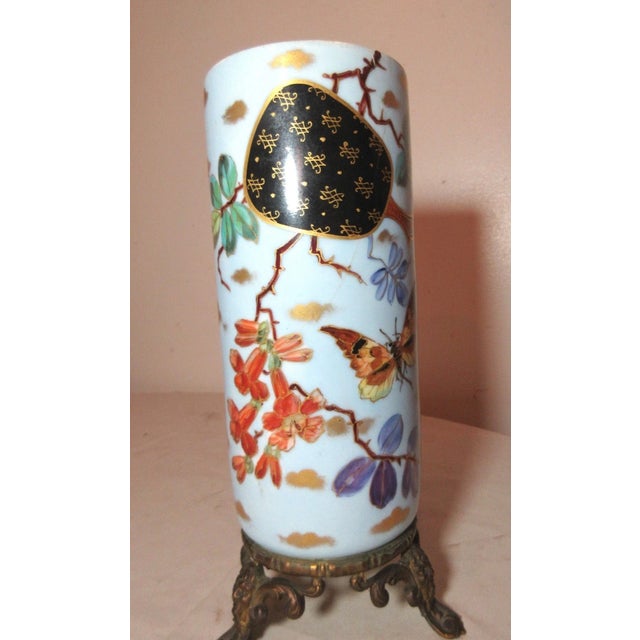 Share Antique Handmade Painted Porcelain Figural Gilt Bronze Chinese Cylindrical Vase For Sale - Image 4 of 12