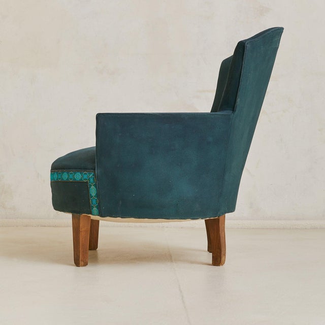 Wood French Art Deco Blue Armchair with Wood Legs, 1940s - 2 Available For Sale - Image 7 of 10