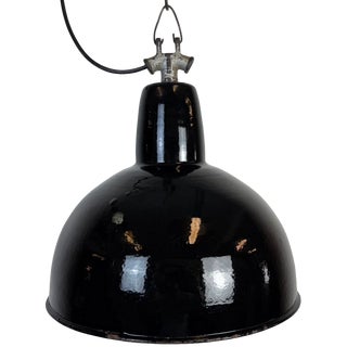 Industrial Black Enamel Factory Lamp with Cast Iron Top, 1950s For Sale