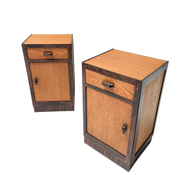 Stunning and elegant pair of Art Deco Modernist nightstands or bedside tables. Striking Dutch design from the 1920s. Solid...