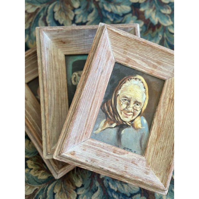 Rustic European Set of Three Original Small Portrait Paintings, Framed For Sale - Image 3 of 8