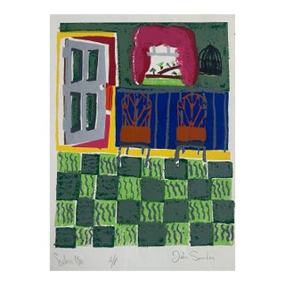 1970’s Original Folk Art Colorful House Interior Serigraph Print For Sale