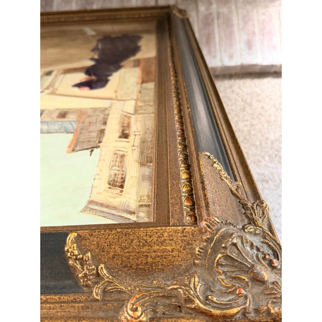 Large Vintage Parisian Street Scene Oil Painting of Victorian Woman in Ornate Gilt Frame For Sale - Image 17 of 17