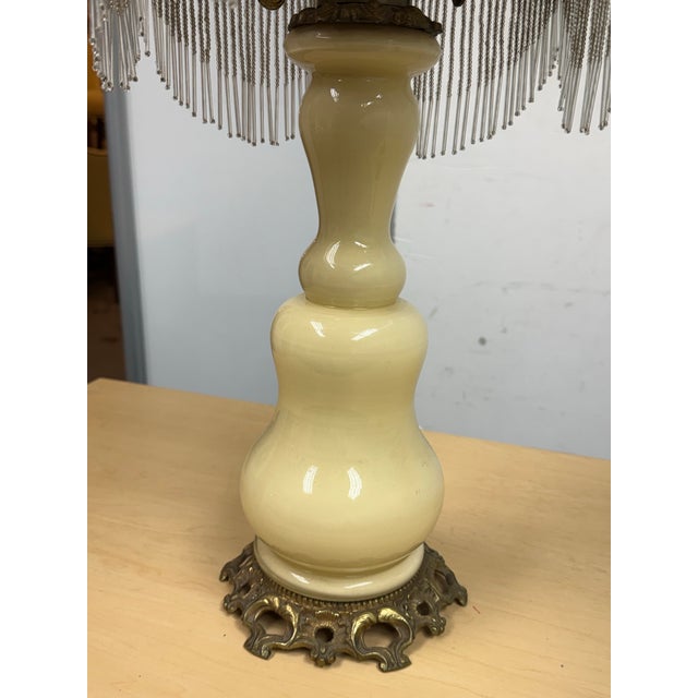 Vintage Porcelain Table Lamp With Victorian Beaded Fringe Lamp Shade For Sale - Image 9 of 12