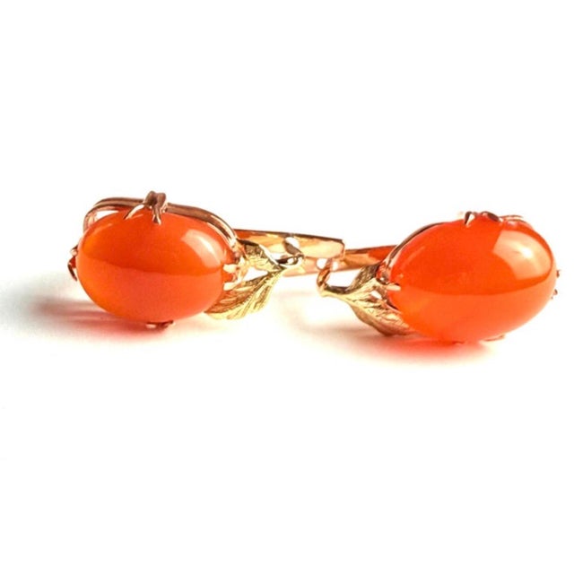 14k Rose Yellow Gold Floral Earrings Natural Carnelian Cabochons 20.40 Carats, A Pair For Sale - Image 4 of 9