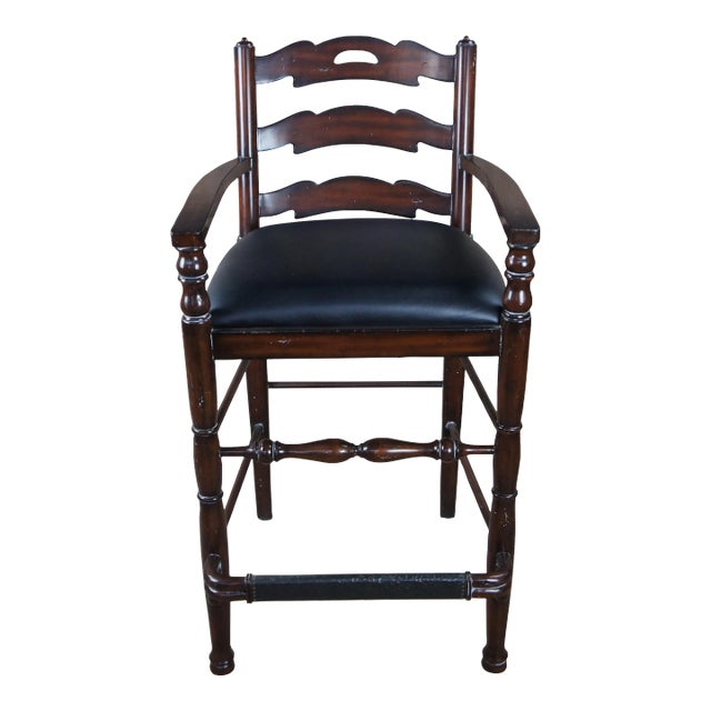 Late 20th Century Maitland-Smith Country French Mahogany & Leather Hunt Club Ladderback Bar Stool For Sale