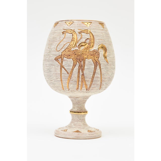 This vintage 1960's hand painted ceramic pottery pedestal bowl has the Sgraffito technique and was designed by Fratelli...