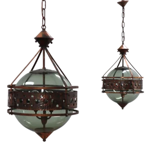 Brutalist Copper and Blown Glass Green Bottle Pendant Lamps, 1970s, Set of 2