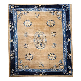 19th Century Chinese Peking Rug, Hand-Knotted Wool, Tan & Blue, 11' x 15' For Sale