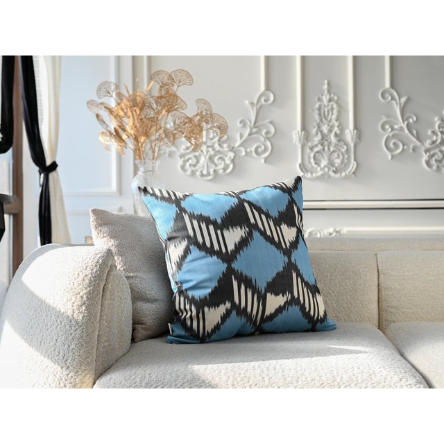 Contemporary Blue Geometric Ikat Pillow Cover For Sale - Image 3 of 6