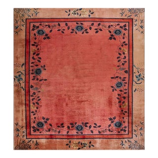 1920s Coral Open Field Antique Chinese Art Deco Square Knotted Pile Floral Rug For Sale