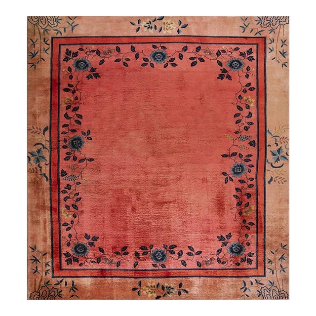 1920s Coral Open Field Antique Chinese Art Deco Square Knotted Pile Floral Rug For Sale