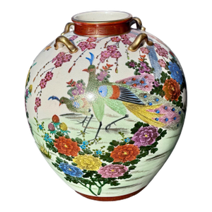 Antique Japanese Satsuma Vase With Peacocks, Meiji Period