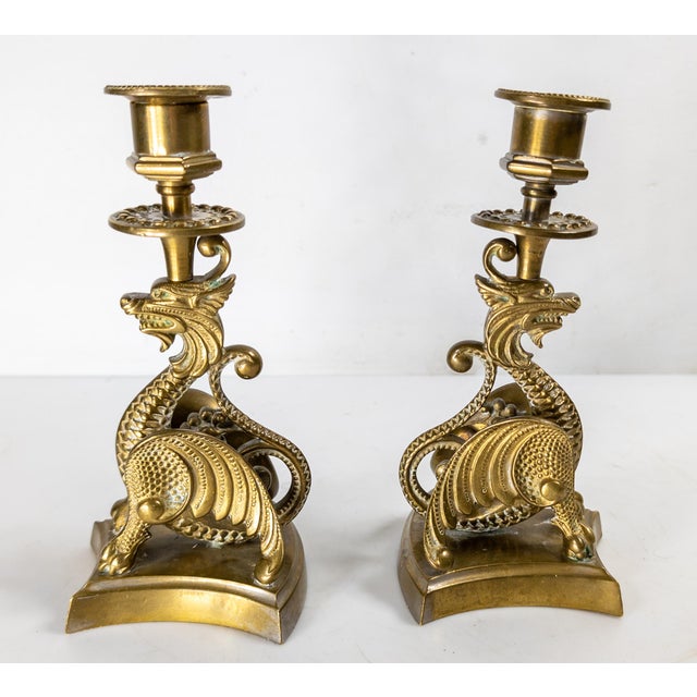 19th Century Victorian Pair of Brass Dragon or Griffin Form Candlesticks, Probably French For Sale In New York - Image 6 of 10