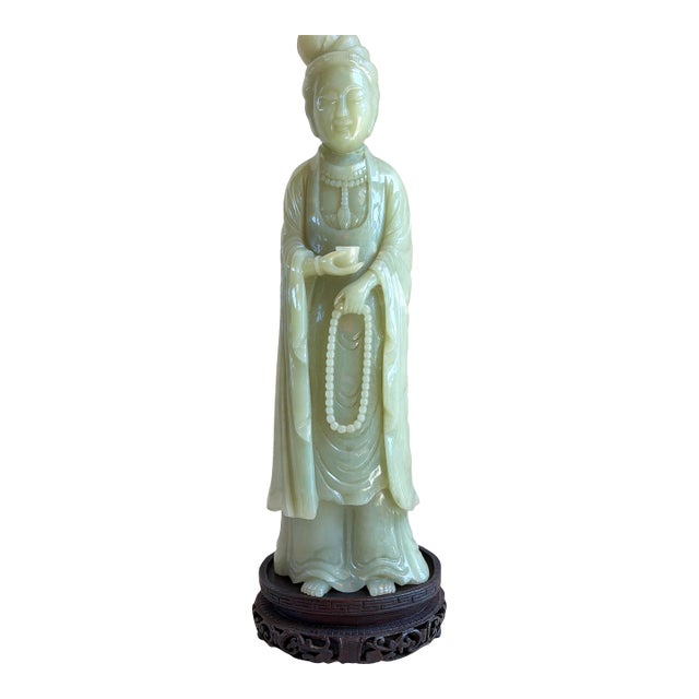Antique Chinese Qing Dynasty Nephrite Jade Guanyin Kwan Yin Figurine W/ Stand For Sale