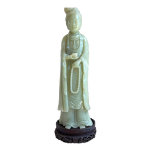 Antique Chinese Qing Dynasty Nephrite Jade Guanyin Kwan Yin Figurine W/ Stand