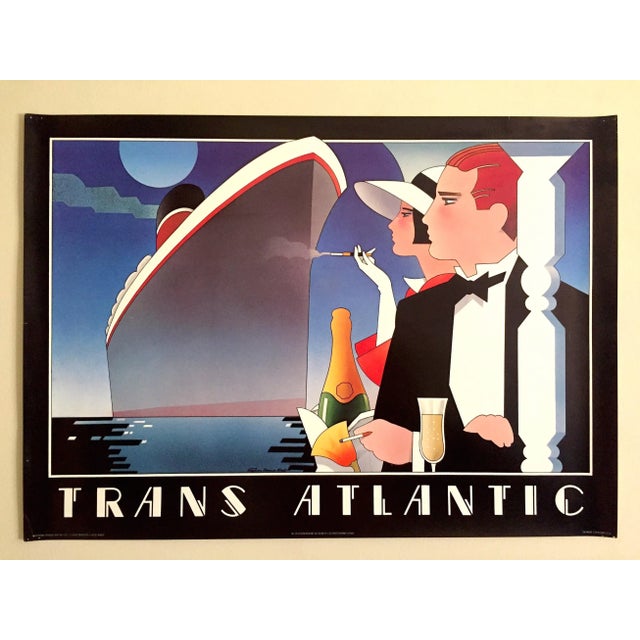 Stephen Haines Hall Vintage 1980's Post Modern " Trans Atlantic " Lithograph Print Travel Poster For Sale - Image 9 of 10