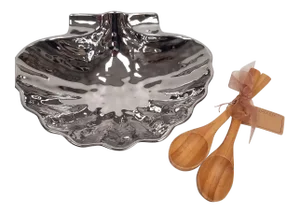 Silver Colored Porcelain Shell Bowl With Bamboo Servers - Set of 3