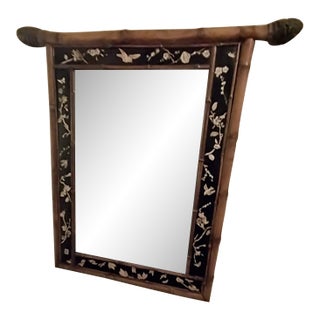 Late 19th Century Large Japanese Shibayama-Style Black Lacquer Mirror With Faux-Bamboo Frame For Sale