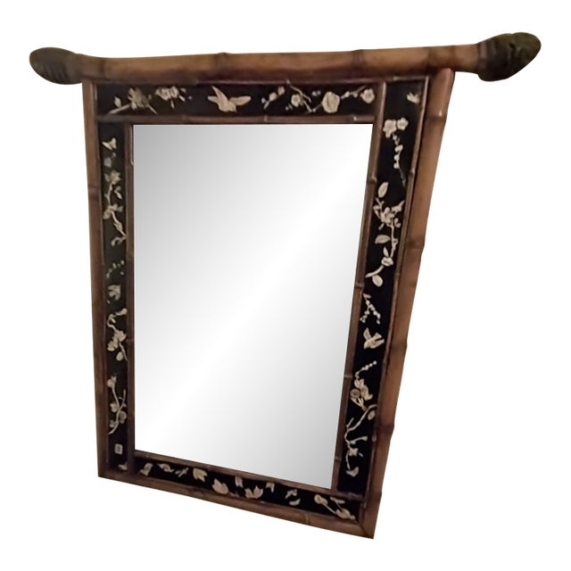 Late 19th Century Large Japanese Shibayama-Style Black Lacquer Mirror With Faux-Bamboo Frame For Sale