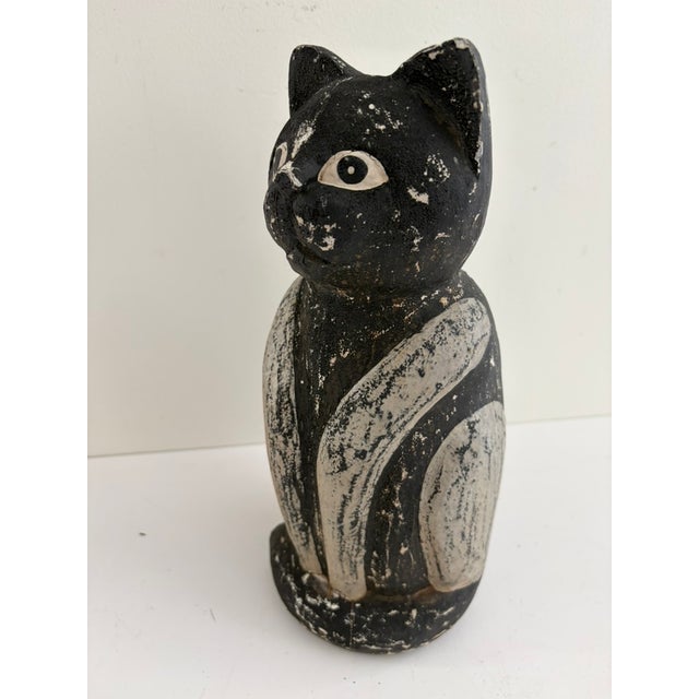 Wood Vintage Folk Art Hand-Carved Wooden Cat Sculpture – Black & White Primitive For Sale - Image 7 of 11