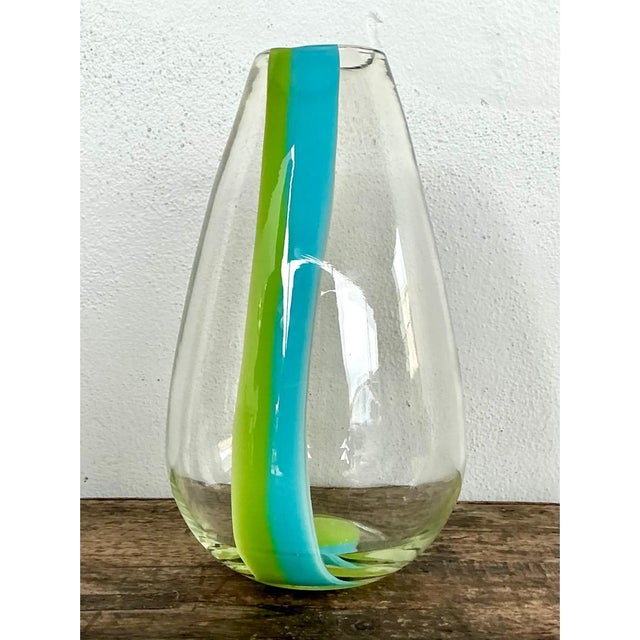 Transparent Vintage Clear Glass Vase With Blue and Green Stripes For Sale - Image 8 of 12
