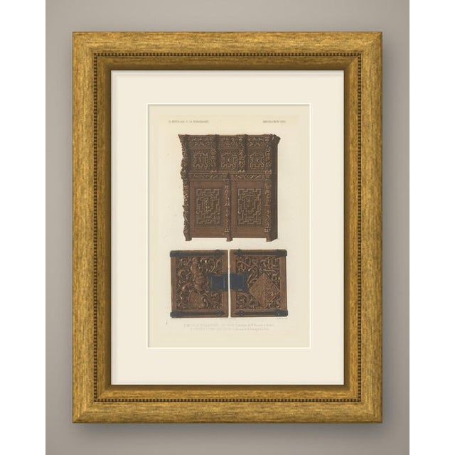 This is an original antique chromolithograph, printed in warm oak browns with blue iron fittings, lettered "a. Meuble...