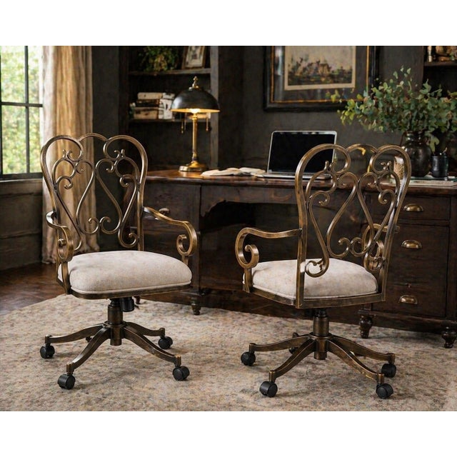 Pair of Vintage Sunlit Bronze Scrollwork Swivel Armchairs — Suede Seats, Rolling Casters, 38” H For Sale - Image 4 of 6