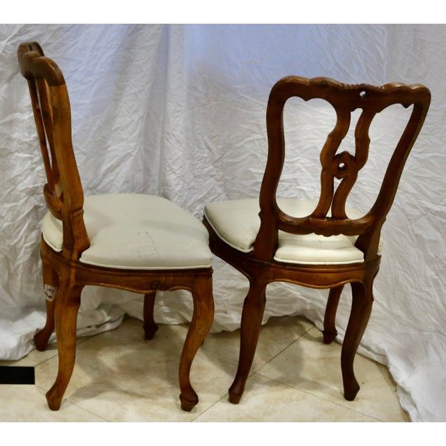 Vintage Hand Carved Italian Walnut Chairs With Leather Seats