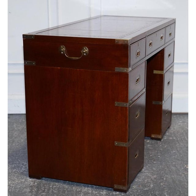 Military Campaign Twin Pedestal Desk with Leather Top For Sale - Image 12 of 16