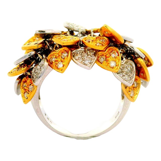 Diamond 18k Two-Tone Dangling Hearts Ring, Size 6.25 For Sale