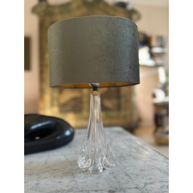 Green French Crystal Table Lamp with Sage Velvet Shade from Sevres, 1970s For Sale - Image 8 of 17