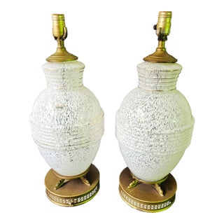 Signed Pair of Vintage Murano Mazzega Style Splatter Glass Table Lamps With Detailed Cutout and Dolphin Base For Sale