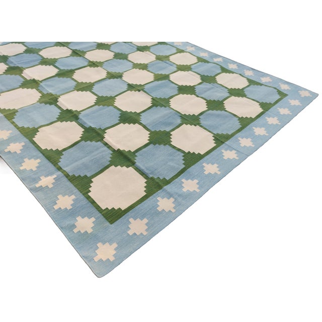 Textile Handmade Woolen Flat Weave Swedish Pattern Sky Blue and Forest Green Area Rug - 9'x14' For Sale - Image 7 of 17