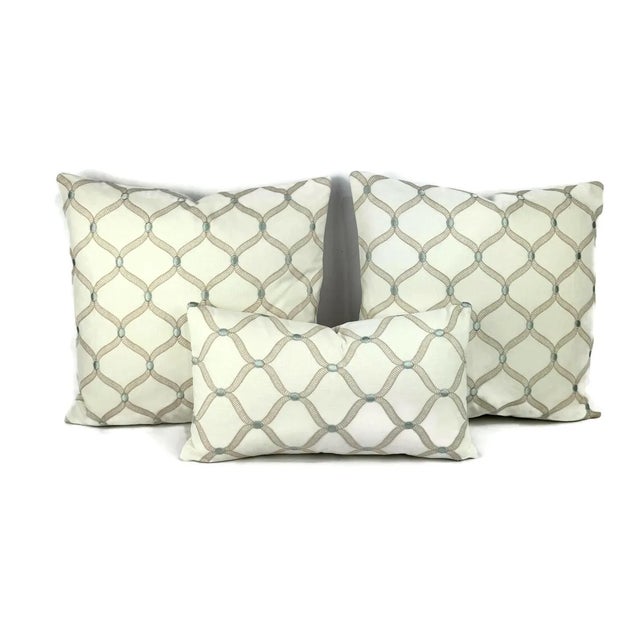 Stout Ferry in Opal Pillow Cover - Cream With Tan and Blue Embroidered Trellis Cushion Case For Sale - Image 4 of 6