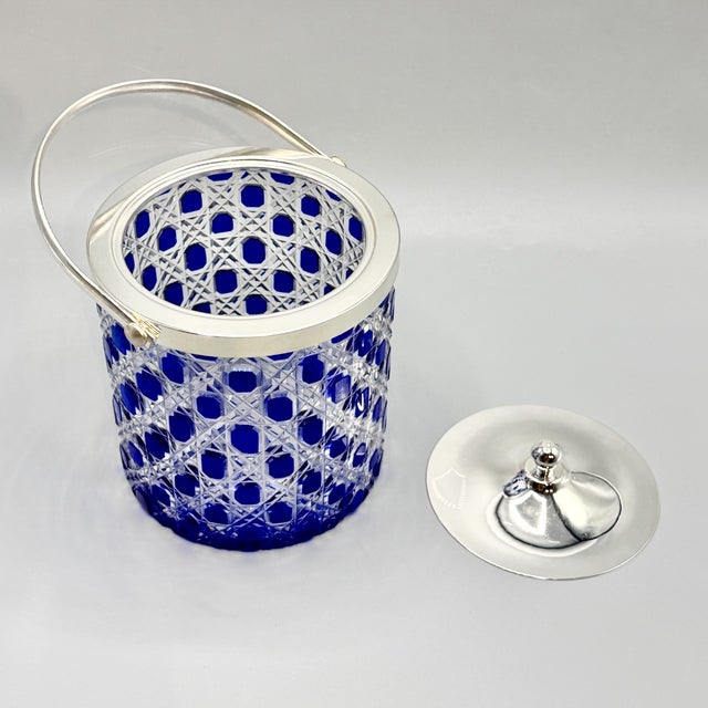 Mid-Century Modern Art Glass Jars with Blue Cut in Clear Crystal Biscuit Barrels with Silver-Plated Mounts, 1950s, Set of 2 For Sale - Image 13 of 18