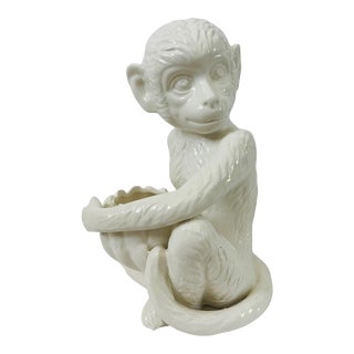 Mid-Century, White, Ceramic Monkey, Holding Bowl Planter For Sale
