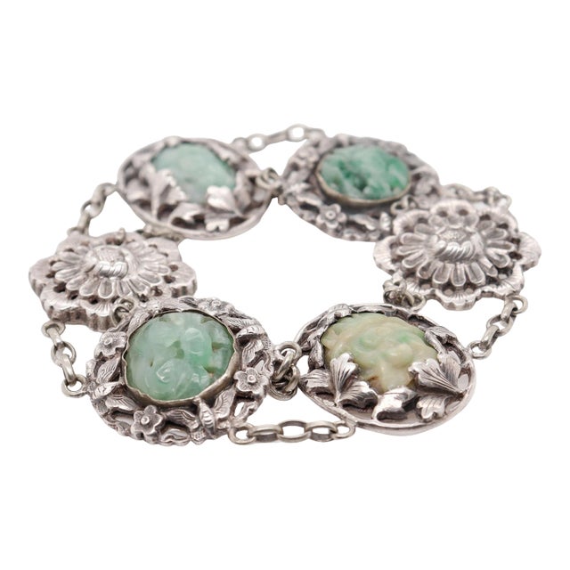 Vintage Signed Art Deco Chinese Sterling Silver & Jadeite Bracelet For Sale