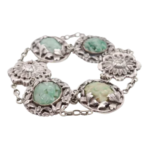 Vintage Signed Art Deco Chinese Sterling Silver & Jadeite Bracelet