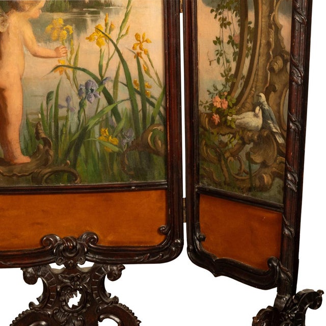 Antique French Rococo Oil Canvas Walnut Painting Landscape Cherubs Screen 1870 For Sale - Image 15 of 18