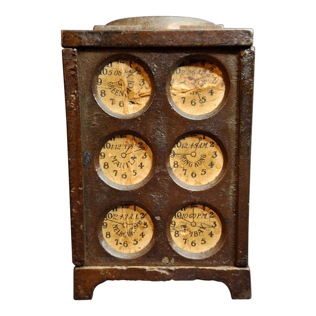 Antique Arcade Cast Iron World Times Clock Still Bank Original Paper Insert C. 1910 For Sale