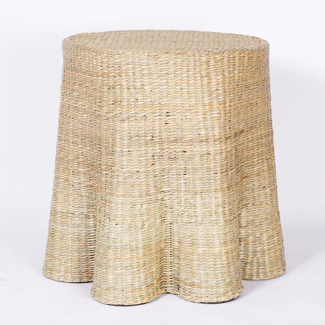 Mid-Century Modern Pair of Round Wicker Drapery Ghost Tables or Stands For Sale - Image 3 of 9