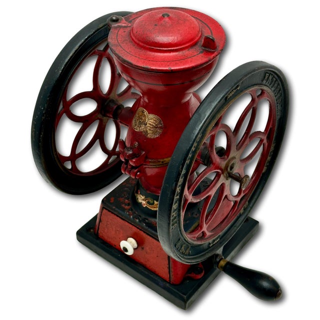 Wood Rare Small 12.75 Inch Tall Antique Enterprise Philladelphia MFG Co. #2 Cast Iron Hand Crank Coffee Grinder in Excellent Original Paint. For Sale - Image 7 of 18